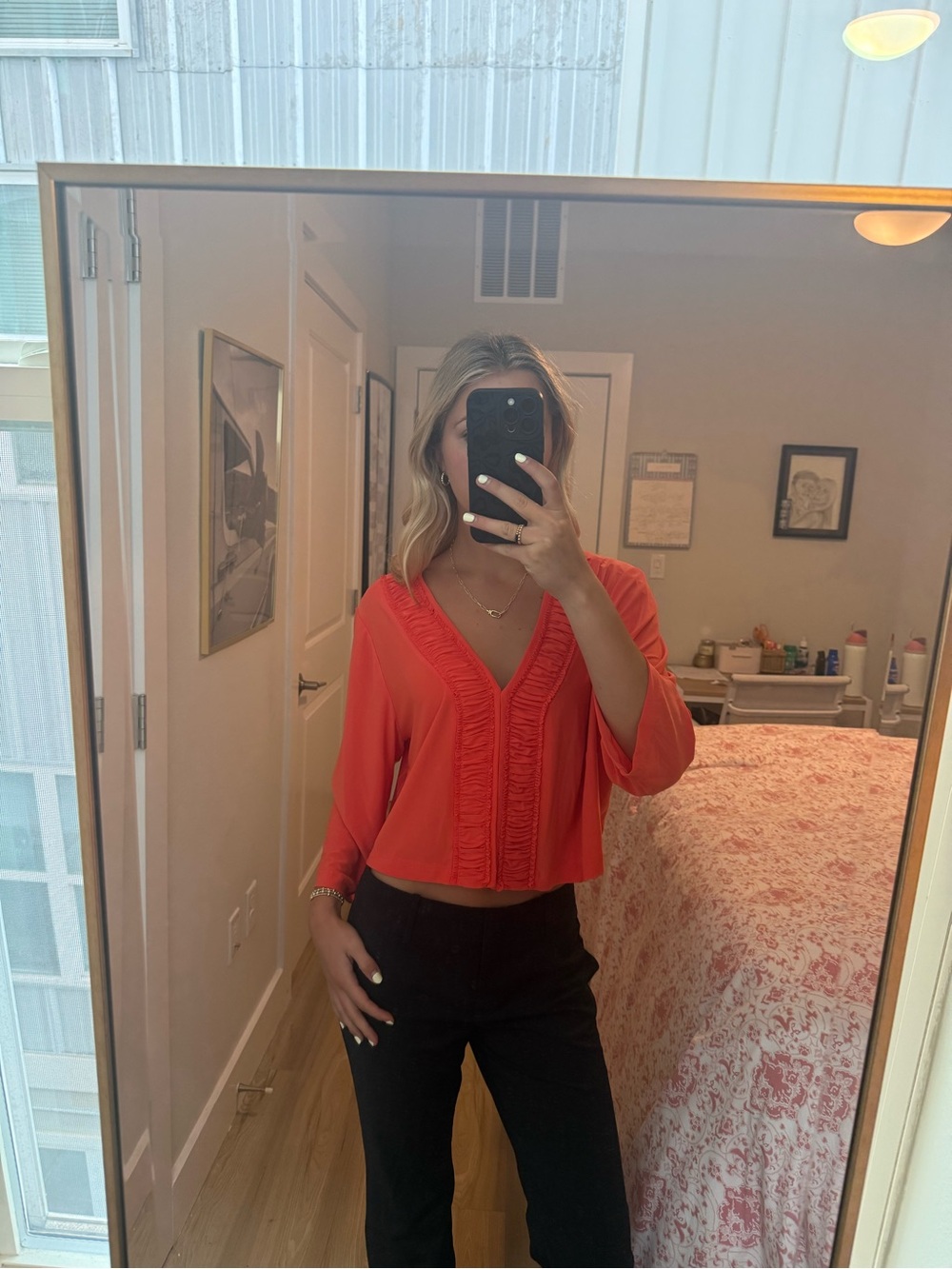 Women's V-Neck Ruffle Trim Blouse - Orange